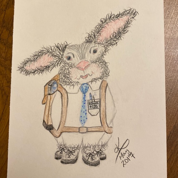 Unframed Original Art Mormon Missionary Bunny in Pencil Crayon by Alberta Artist - Picture 1 of 2